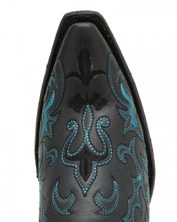 L-5150 Black Blue Fleur | Encuentra en nuestra web auténticas botas mexicanas para mujer. Compra botas hechas con piel negra y bordados azules.