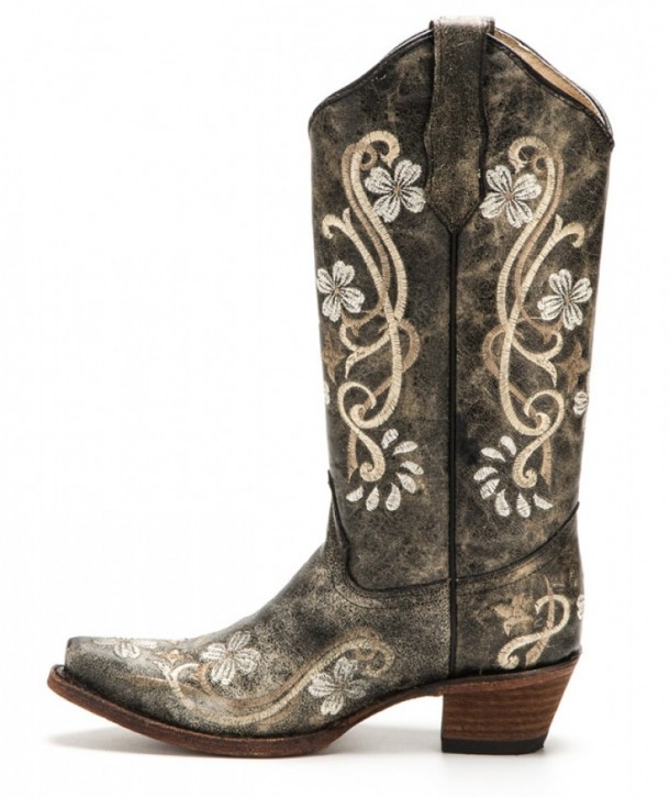 Ladies western Mexican black boots with white flowers