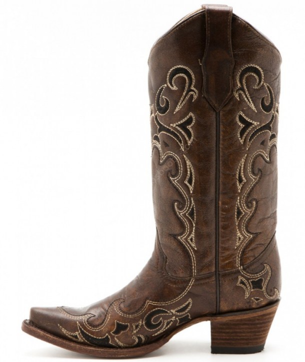 L-5247 Brown Black Side Embroidery | Buy from our cowboy and country online store these women Circle G brown leather boots with black stitching.