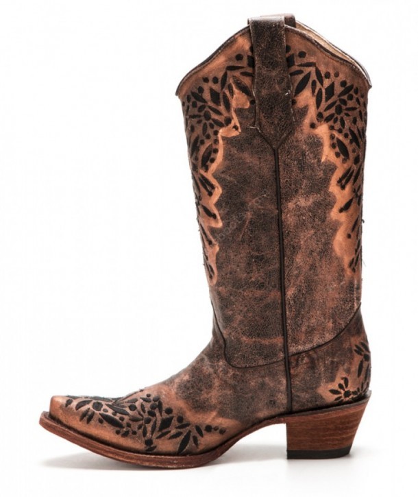 Line dance rusty brown leather Circle G boots for women with copper paint