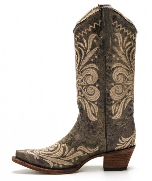 Distressed green leather fashion women Mexican boots with beige embroidery