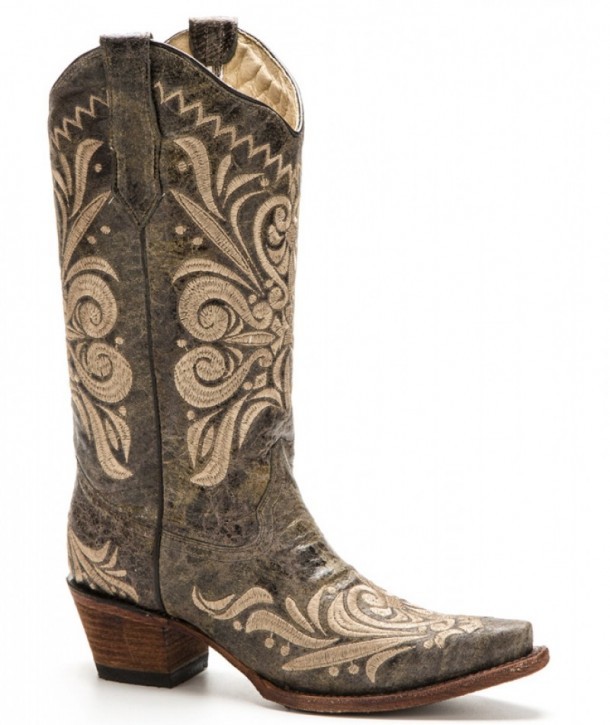 Distressed green leather fashion women Mexican boots with beige embroidery