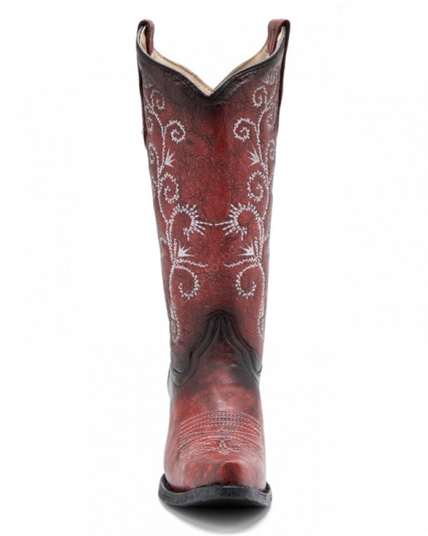 Women red cowboy boots with white stitching