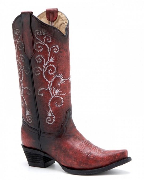 Women red cowboy boots with white stitching