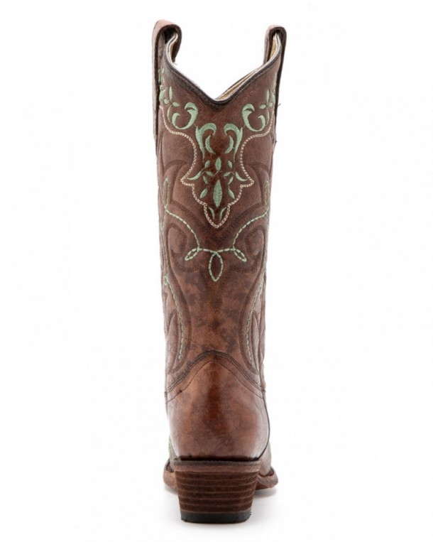 Distressed brown leather women western boots with green embroidery