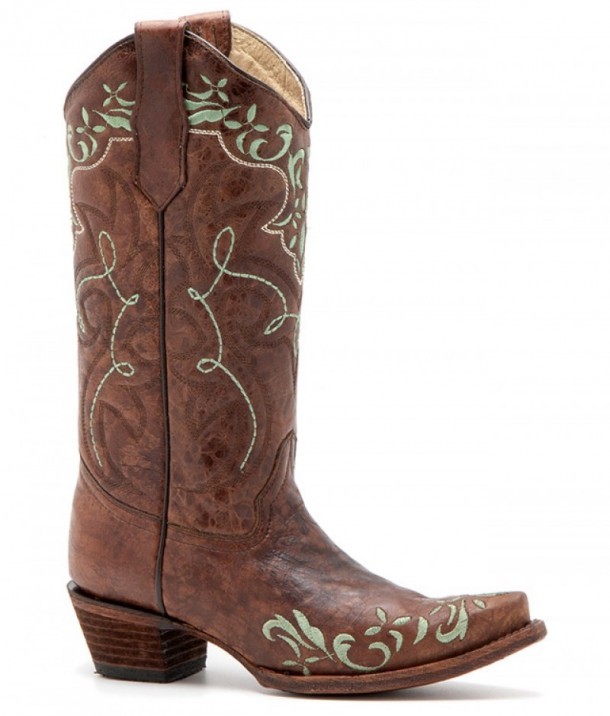 Distressed brown leather women western boots with green embroidery