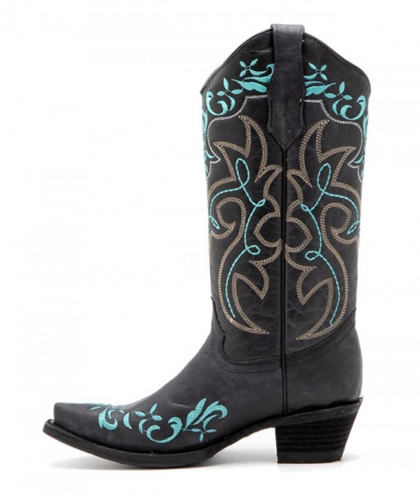 Cowgirl style black leather boots with turquoise stitchings