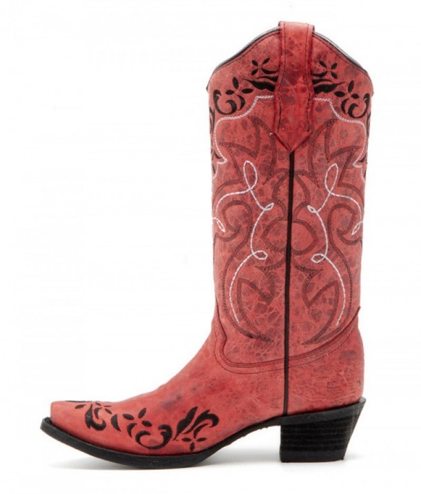 Women Circle G red western boots with black & white embroidery