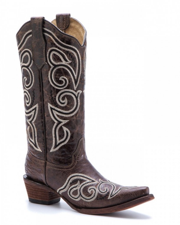 Country style ladies dark brown leather Mexican snip toe boots with black and white stitching