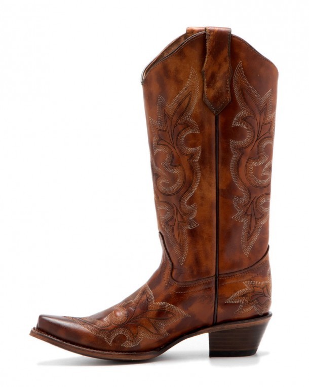 Distressed cognac brown leather ladies country boots with white stitching