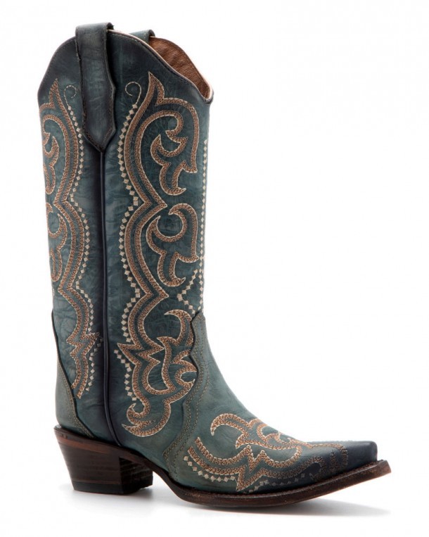 Botas punta mexicana para mujer cuero azul vaquero con bordado azteca