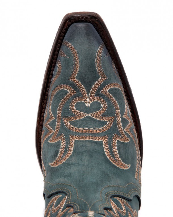 Mexican toe blue jeans leather women boots with Aztec embroidery