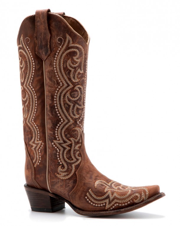 Distressed brown leather ladies snip toe western boots with ecru embroidery