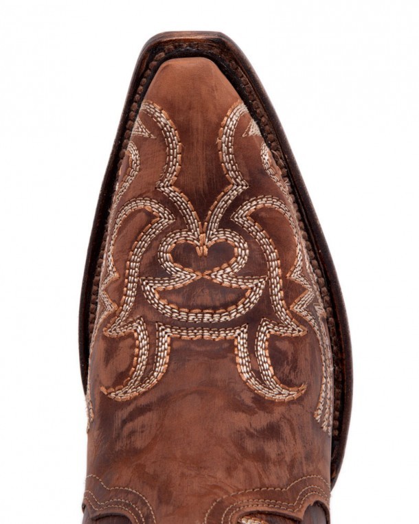 Distressed brown leather ladies snip toe western boots with ecru embroidery