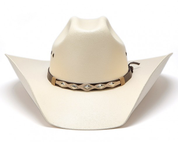 Unisex classic white canvas cowboy hat with two-tone brown band and diamond conchos