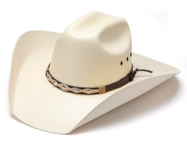 Sombrero cowboy blanco clásico unisex con cinta marrón bicolor y conchos grandes