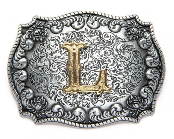 L initial engraved antique metal cowboy belt buckle