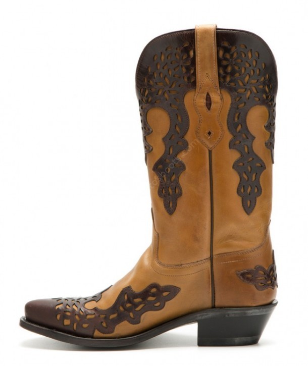 Buy right now at our specialized cowboy online shop these Old West fancy western boots for women made with authentic orange & brown leather.