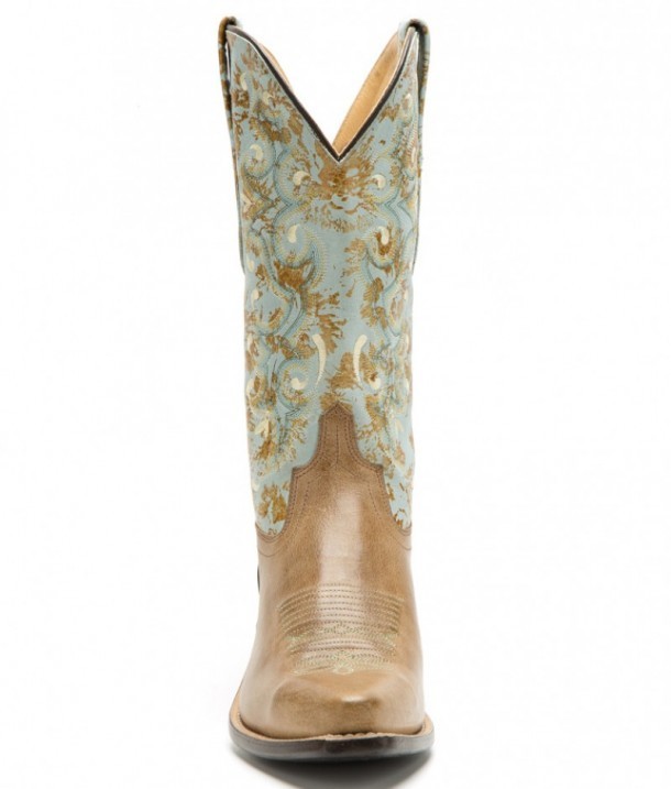 Compra en nuestra tienda online estas botas para mujer Old West hechas en cuero color beige con caña alta turquesa y bordados blancos.