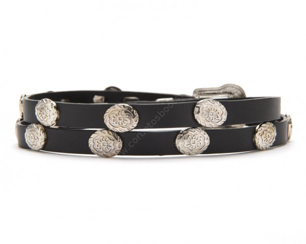 Black leather cowboy hat band with silver flower conchos