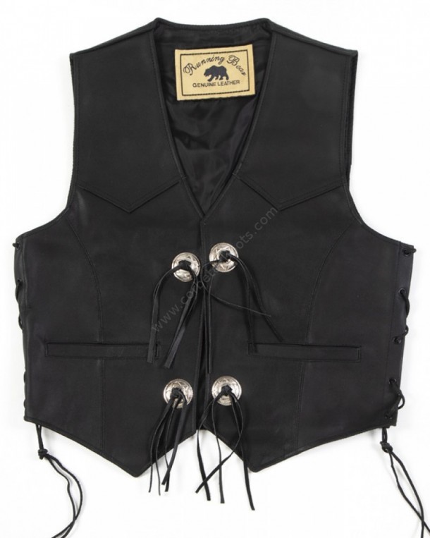 Basic plain black cowhide western waistcoat with conchos