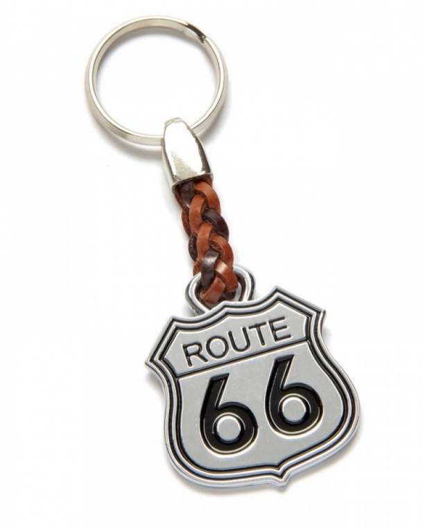 Shiny silver look Route 66 shield key ring with leather braid