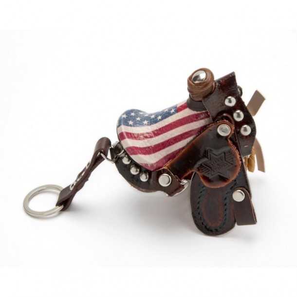 USA flag print leather western riding saddle key chain