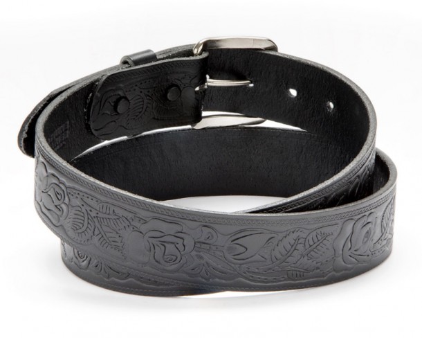 Unisex black leather belt with embossed floral western scrolling