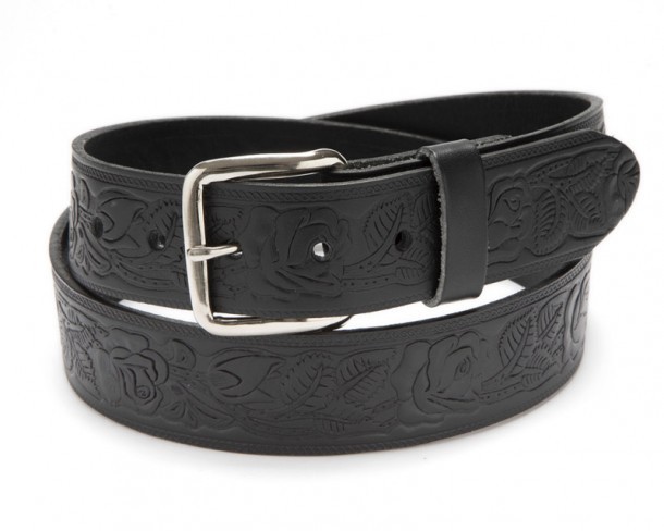 Unisex black leather belt with embossed floral western scrolling
