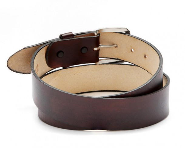 Plain dark cognac brown leather belt with interchangeable buckle system