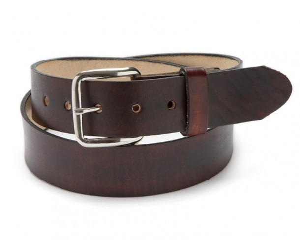 Plain dark cognac brown leather belt with interchangeable buckle system