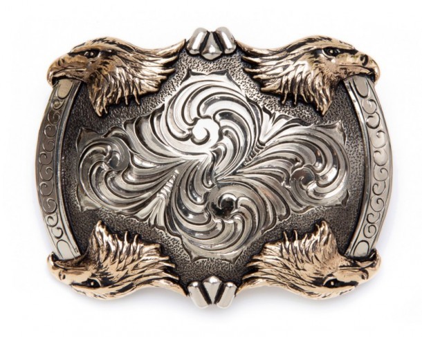 Golden eagle heads rocker style belt buckle with curled up engraving