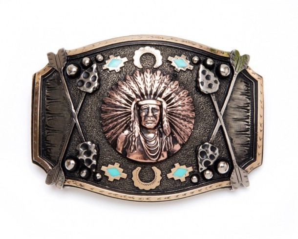 Augus Silversmiths American tribe chief belt buckle with arrows and mosaics