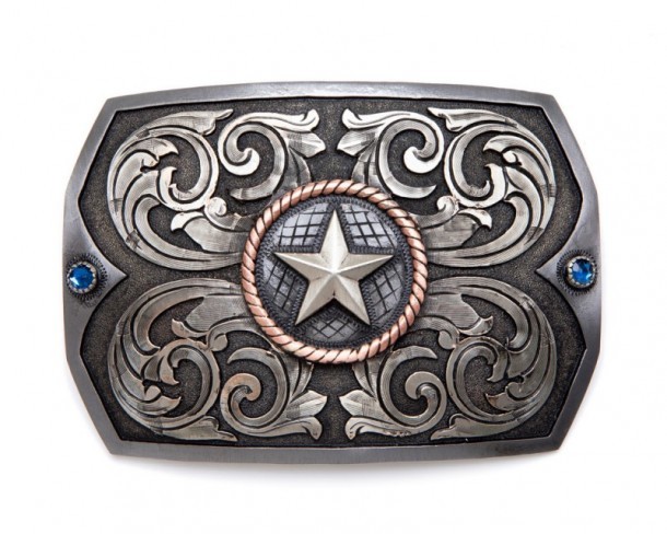 Texan star unisex belt buckle with blue embedded rhinestones
