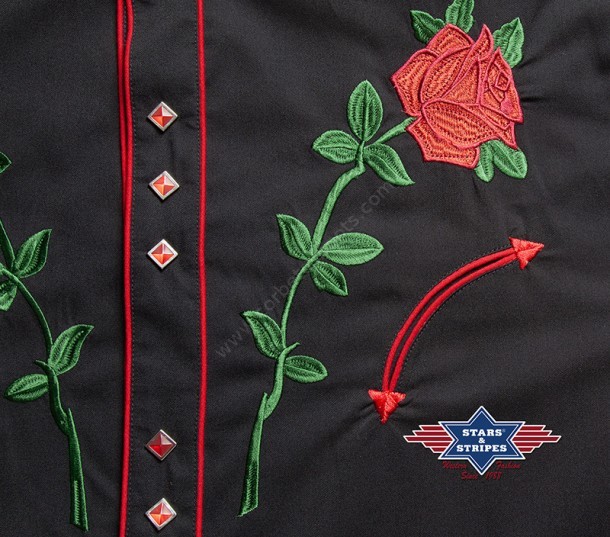 Classic American style mens cowboy shirt with embroidered red roses