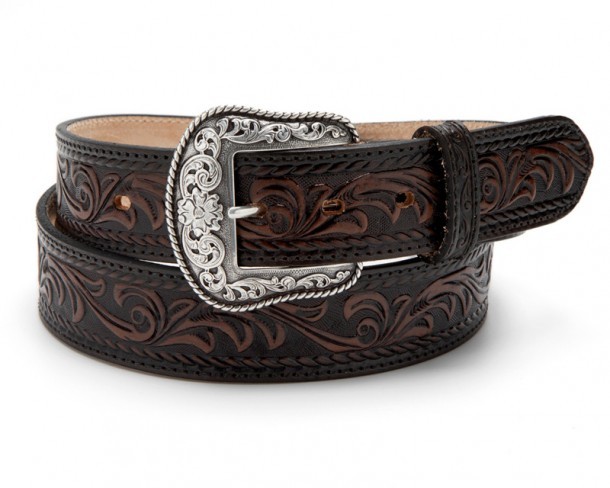 Nocona dark brown leather belt with American embossed floral scroll