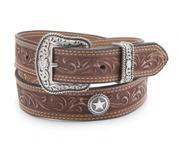 Tooled light brown leather Texan belt with star rounded silver conchos