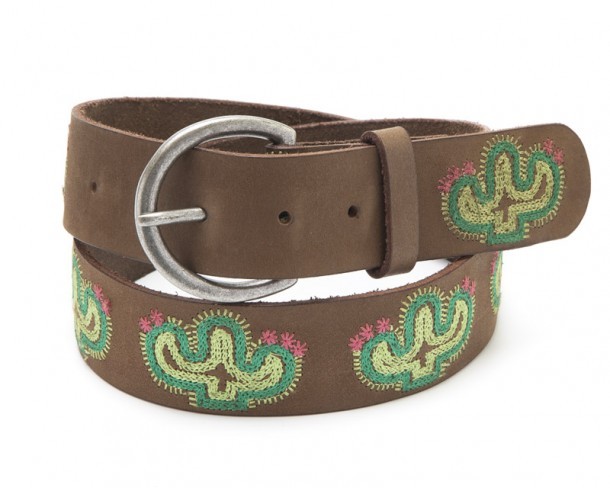 Nocona tanned light brown leather western belt with bright green cactus embroidery
