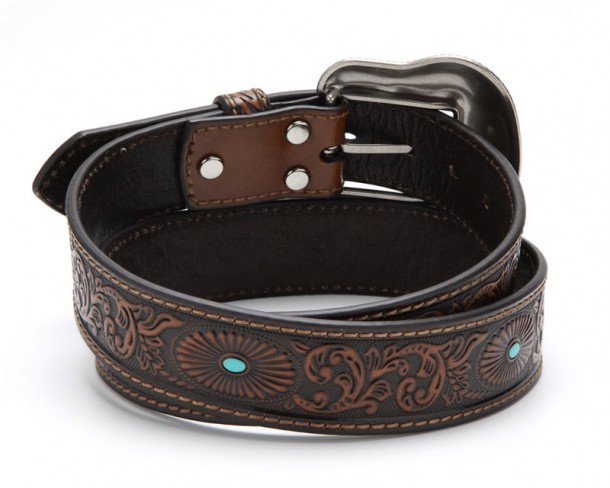 Tan brown leather cowgirl belt with big turquoise accented buckle