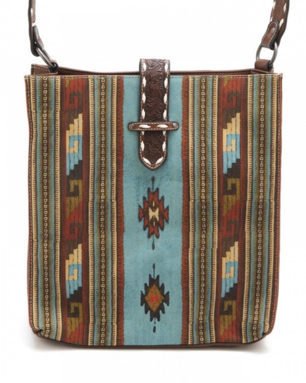Cowboy fashion women purse with Southwest multicolor mosaic and leather flap closure