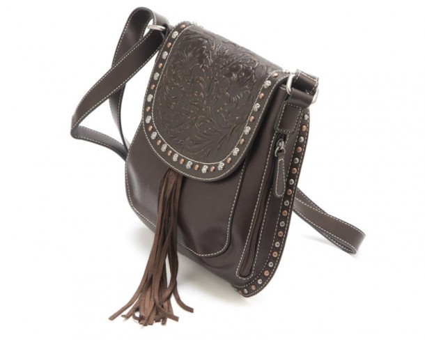 Western fashion ladies dark brown crossbody purse with tooled flap and metallic studs