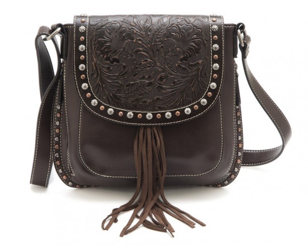 Western fashion ladies dark brown crossbody purse with tooled flap and metallic studs