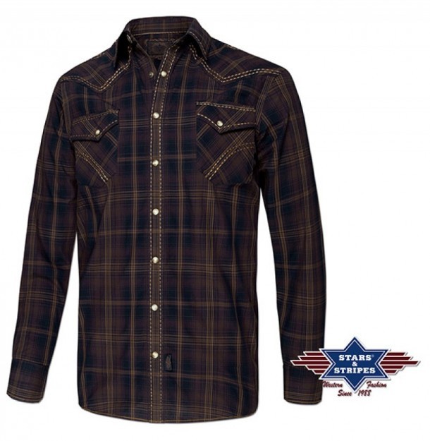 Mens brown and black checkered western shirt with golden embroidered trimming