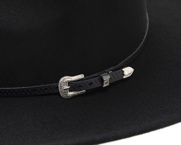 High crown stiffened black wool felt cowboy hat