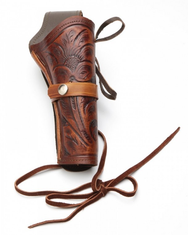 Embossed cognac brown leather holster for classic western six-shooters