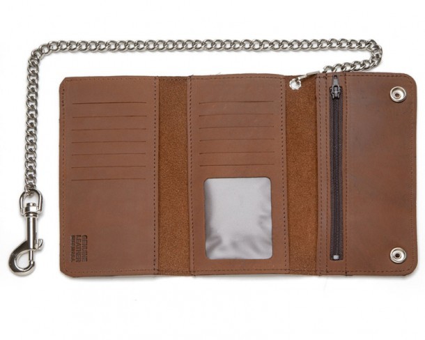 Big space trifold light brown leather wallet with safety bolt snap metal chain