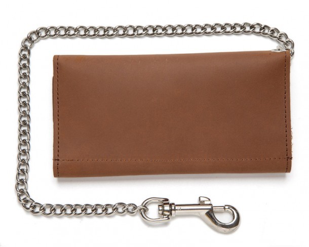 Big space trifold light brown leather wallet with safety bolt snap metal chain