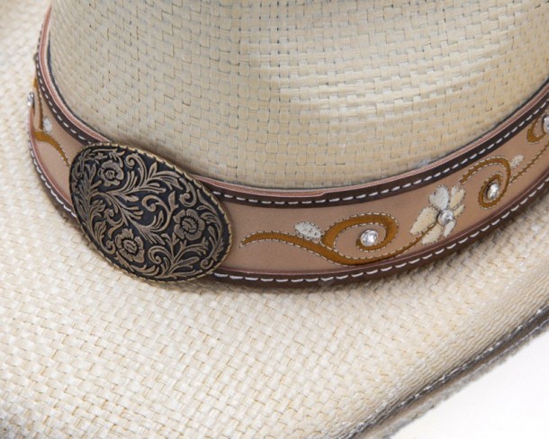 Braided natural hard straw cowgirl hat with embroidered and leather tooled flower scrolls