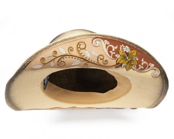 Braided natural hard straw cowgirl hat with embroidered and leather tooled flower scrolls
