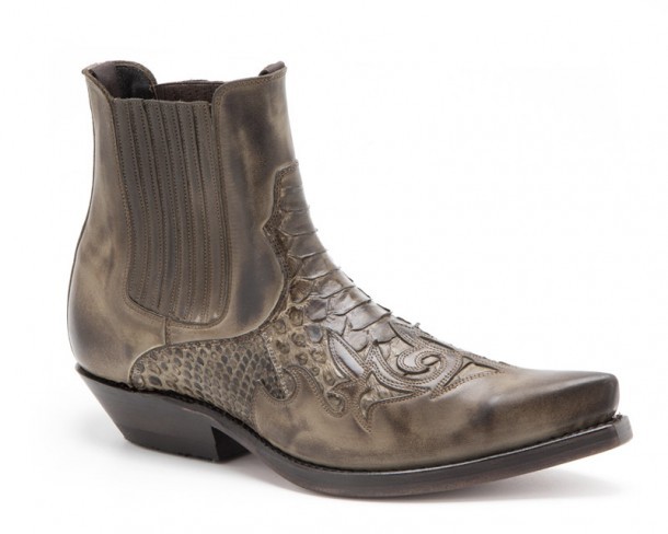 Mens Mayura fine toe rocker style distressed green ankle boots with snake skin